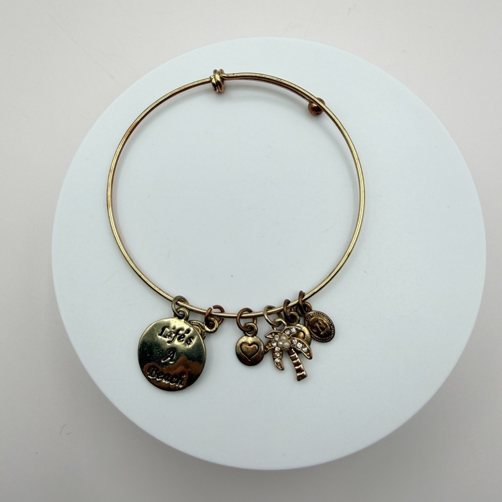 Vintage 90s Gold Tone Bangle Bracelet Palm Tree Heart Life's A Beach Charm Glass